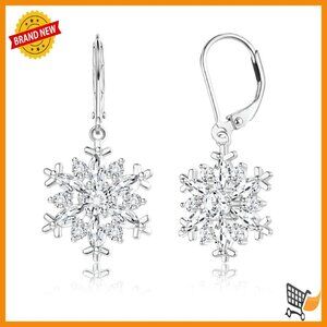 925 Sterling Silver Snowflake Dangle Earrings with Cubic Zirconia Leverback